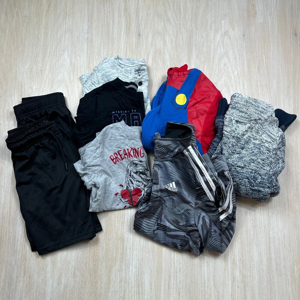 8 Piece Bundle Lot Adidas Mario Cat & Jack Boys Hoodies Shirts Shorts Medium